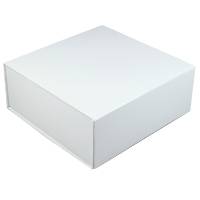 Square white magnetic gift box — rigid box shown closed, soft-sheen white gloss laminate with front magnetic snap-flap seam