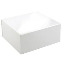 Glossy white magnetic box — square rigid gift box shown closed with bright reflective lid sheen and magnetic front flap seam