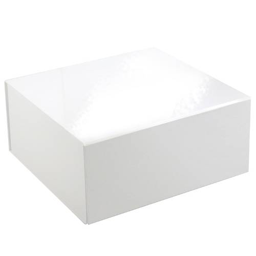 Glossy white magnetic box — square rigid gift box shown closed with bright reflective lid sheen and magnetic front flap seam
