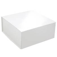 White magnetic gift box shown closed — square rigid collapsible box, polished white gloss laminate with slim magnetic flap front