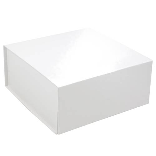 White magnetic gift box shown closed — square rigid collapsible box, polished white gloss laminate with slim magnetic flap front