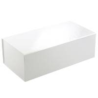 Long low white magnetic box — slim rectangular rigid gift box shown closed, glossy white laminate with magnetic flap edge seam