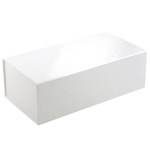 Long low white magnetic box — slim rectangular rigid gift box shown closed, glossy white laminate with magnetic flap edge seam