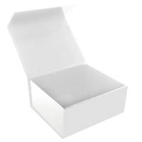 White magnetic gift box shown open — hinged lid raised to reveal glossy white interior, rigid rectangular box with magnet flap