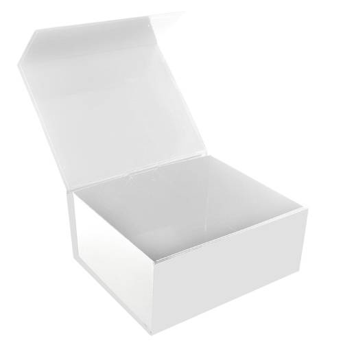 White magnetic gift box shown open — hinged lid raised to reveal glossy white interior, rigid rectangular box with magnet flap
