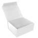White magnetic gift box shown open — hinged lid raised to reveal glossy white interior, rigid rectangular box with magnet flap