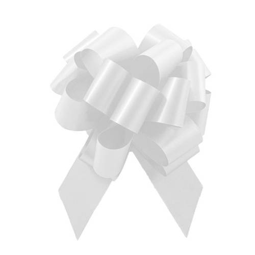 White pom style pull bow shown fully gathered, with looped smooth poly ribbon and two pointed tail streamers