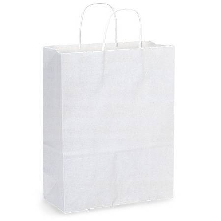 Plain white kraft paper shopping bag with twisted paper handles, solid white exterior