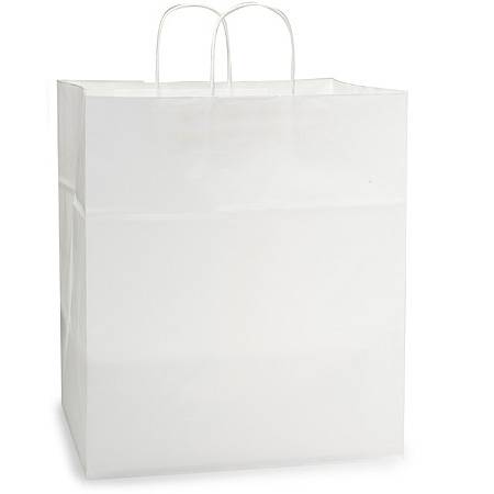 Plain white kraft paper shopping bag with twisted paper handles, solid white exterior