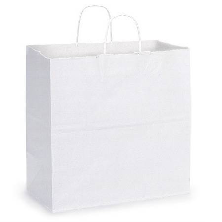 Plain white kraft paper shopping bag with twisted paper handles, solid white exterior