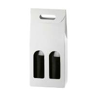 White Kraft wine bottle carrier 7x3.5x15, upright folding carrier with die-cut handle and 2 arched bottle windows, smooth white kraft finish