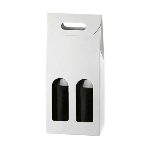 White Kraft wine bottle carrier 7x3.5x15, upright folding carrier with die-cut handle and 2 arched bottle windows, smooth white kraft finish