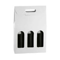 White Kraft wine bottle carrier 10.6x3.5x15, upright folding carrier with die-cut handle and 3 arched bottle windows, smooth white kraft finish