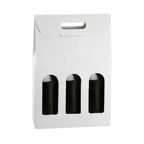 White Kraft wine bottle carrier 10.6x3.5x15, upright folding carrier with die-cut handle and 3 arched bottle windows, smooth white kraft finish