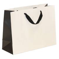 white kraft paper shopping bags with black gusset and black flat twill handles