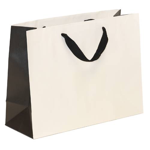 white kraft paper shopping bags with black gusset and black flat twill handles