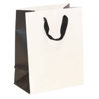 white kraft paper shopping bags with black gusset and black flat twill handles