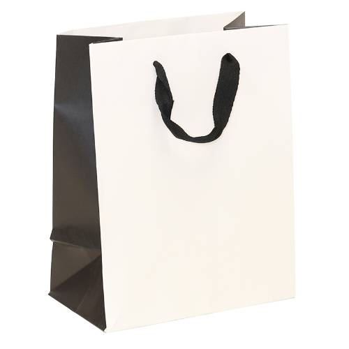 white kraft paper shopping bags with black gusset and black flat twill handles