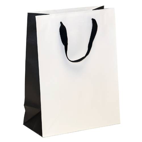 white kraft paper shopping bags with black gusset and black flat twill handles