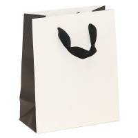 white kraft paper shopping bags with black gusset and black flat twill handles