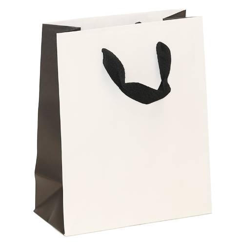 white kraft paper shopping bags with black gusset and black flat twill handles