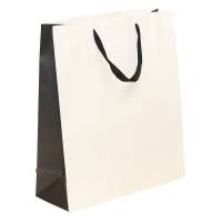 white kraft paper shopping bags with black gusset and black flat twill handles