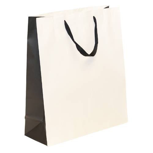 white kraft paper shopping bags with black gusset and black flat twill handles