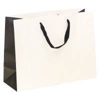 white kraft paper shopping bags with black gusset and black flat twill handles