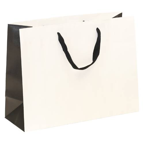 white kraft paper shopping bags with black gusset and black flat twill handles