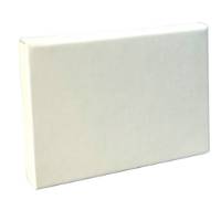 White Linen gift card box shown closed — crisp white with a woven linen texture on a slim rectangular pop-up box