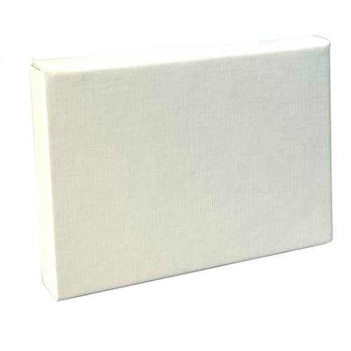 White Linen gift card box shown closed — crisp white with a woven linen texture on a slim rectangular pop-up box