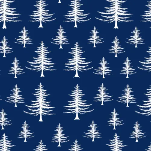 White Trees on Blue Gift Wrap Paper with feathery white fir trees on deep navy blue