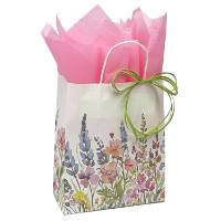 Wildflowers Paper Shopping Bags — white kraft with watercolor wildflower bouquet in pinks and purples, twisted paper handles
