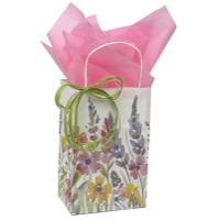 Wildflowers Paper Shopping Bags — white kraft with watercolor wildflower bouquet in pink, purple, and green, twisted handles