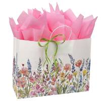 Wildflowers Paper Shopping Bags — white kraft with watercolor wildflower bouquet in pinks and purples, twisted paper handles