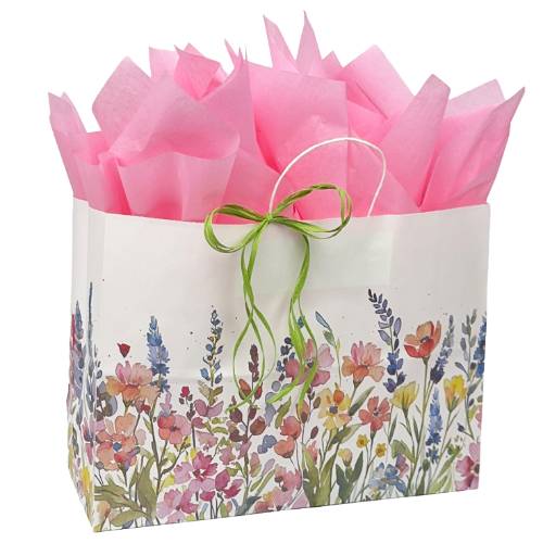 Wildflowers Paper Shopping Bags — white kraft with watercolor wildflower bouquet in pinks and purples, twisted paper handles