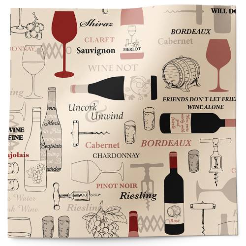 Wine Not Printed Tissue Paper — Illustrated wine bottles, glasses, cheese, and grapes on kraft-tone background
