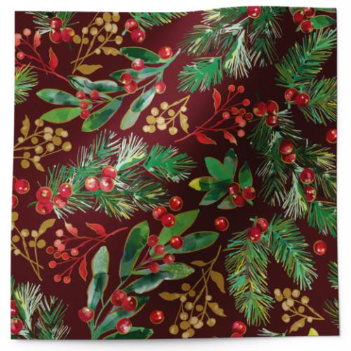 Winter foliage tissue paper with pine boughs, holly and red berries on deep burgundy