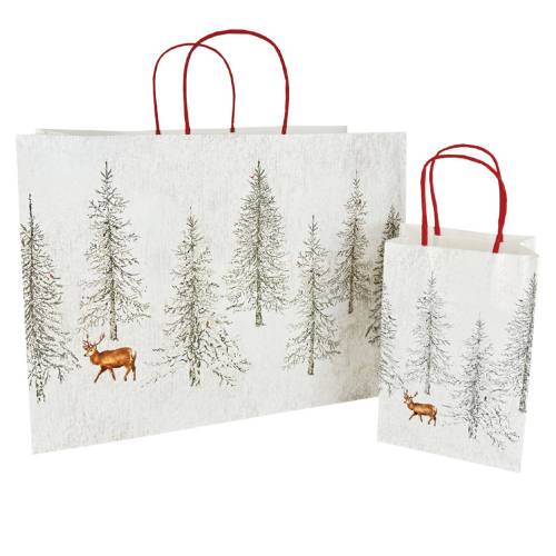 Kraft paper shopping bags with twisted paper handles featuring winter forest print with snow and evergreen trees