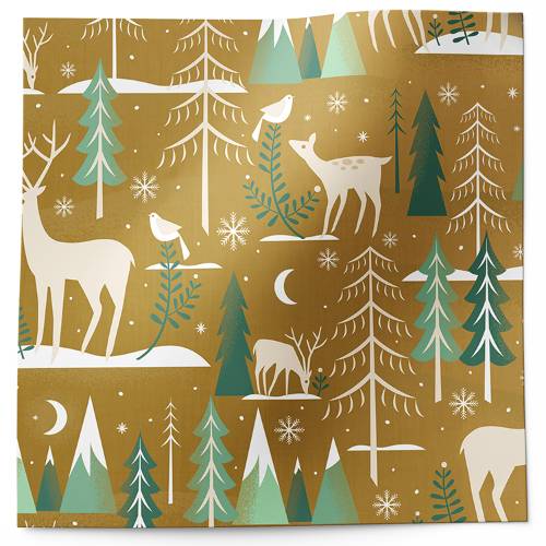 Winter serenity tissue paper with deer, pine trees and snowflakes in white on warm gold