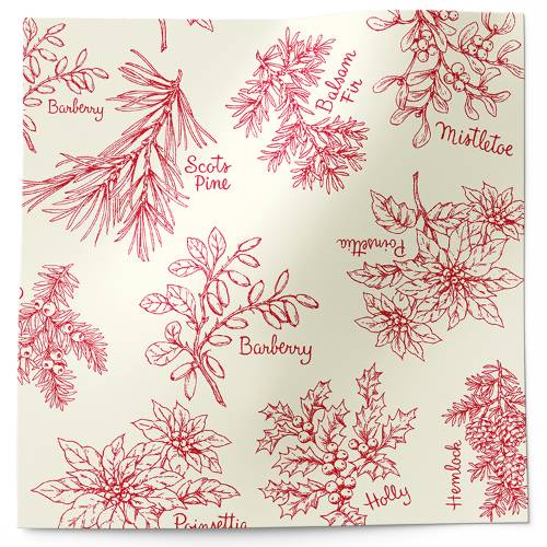 Winter Topiary Printed Tissue Paper — Red damask-style Christmas topiary tree pattern on white background