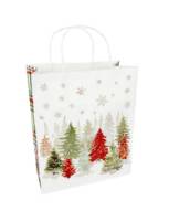 White kraft paper shopping bag with winter wonderland holiday print, twisted paper handles