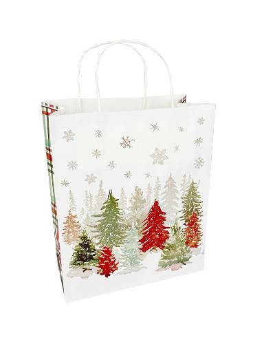 White kraft paper shopping bag with winter wonderland holiday print, twisted paper handles