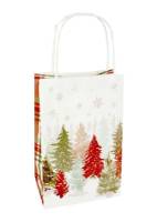 White kraft paper shopping bag with winter wonderland holiday print, twisted paper handles