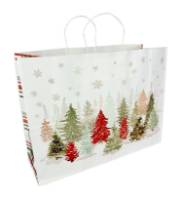 White kraft paper shopping bag with winter wonderland holiday print, twisted paper handles