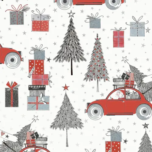 Xander Gift Wrap Paper with red vintage cars with Santa, gifts, and sketched trees on white