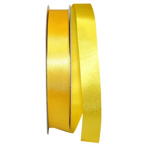 Yellow Dyna Satin ribbon on a flat spool — single-face satin with taffeta back, 7/8" width, 100 yards