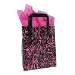 Black zebra-stripe print on a frosted poly shopping bag with soft loop handles — 8 x 4 x 10