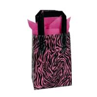 Black zebra-stripe print on a frosted poly shopping bag with soft loop handles — 5 x 3 x 7