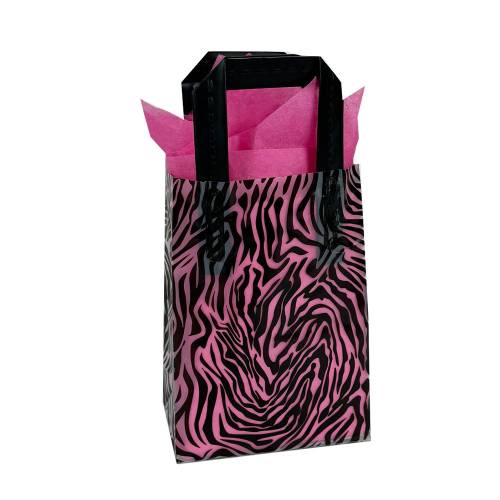 Black zebra-stripe print on a frosted poly shopping bag with soft loop handles — 5 x 3 x 7